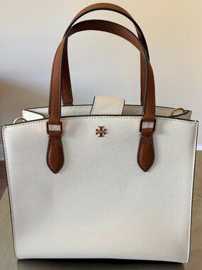 NWOT Tory Burch Emerson Structured Work Satchel, Cream and Tan